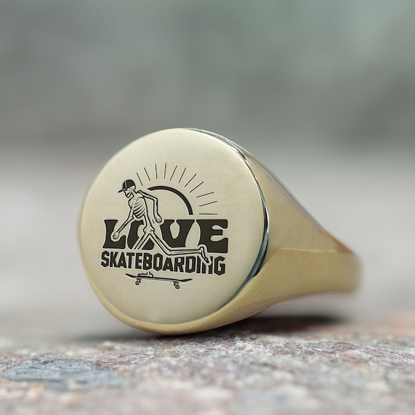 Engraved Skateboarding Signet Ring · Custom Skateboard Ring · Bold Statement Ring · Unisex Ring · Personalized Ring