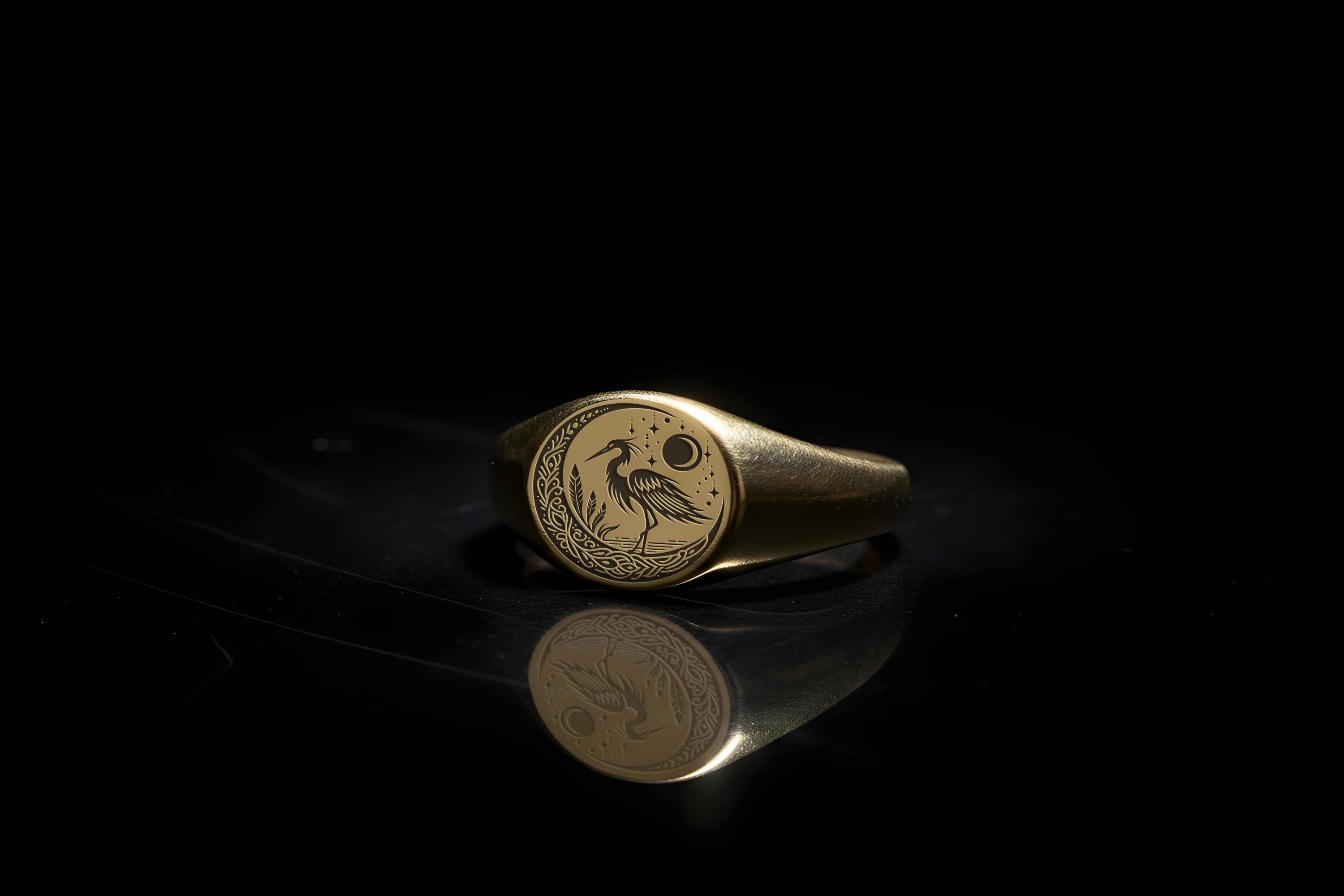 Engraved Heron Signet Ring · Custom Bird Ring · Personalized Ring ...
