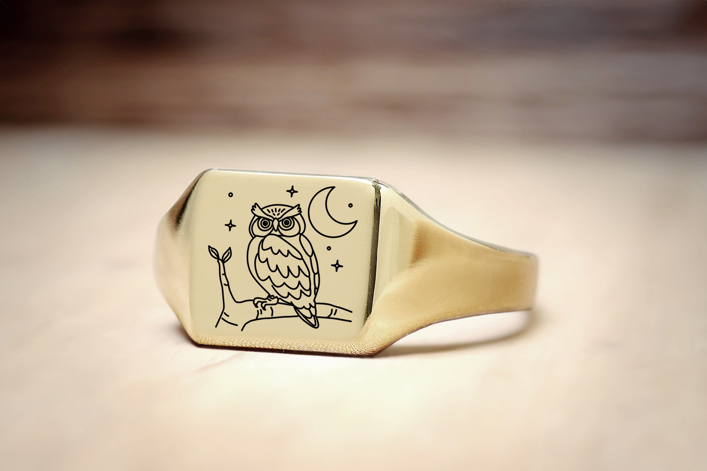 14k Gold Owl Signet Ring · Custom Animal Ring · Personalized Ring · Engraved Ow