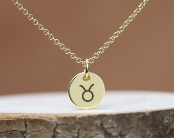 14k Gold Taurus Anhänger Halskette · Runde Anhänger Halskette · Individuelle Sternzeichen Halskette · Astrologie Schmuck
