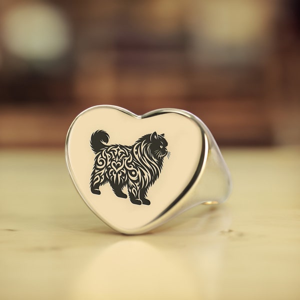 Engraved Persian Cat Ring · Tribal Cat Ring · Heart Shaped Ring · Gift For Her · Cute Ring