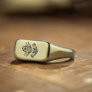 Custom Flower Signet Ring · Engraved Flower Ring · Gift For Her · Rectangle Shaped Ring