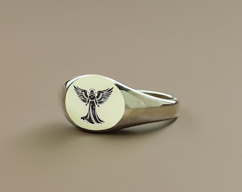Anillo de sello de ángel de oro de 14k · Anillo de ángel grabado · Joyería celestial · Anillo de forma redonda · Anillo unisex
