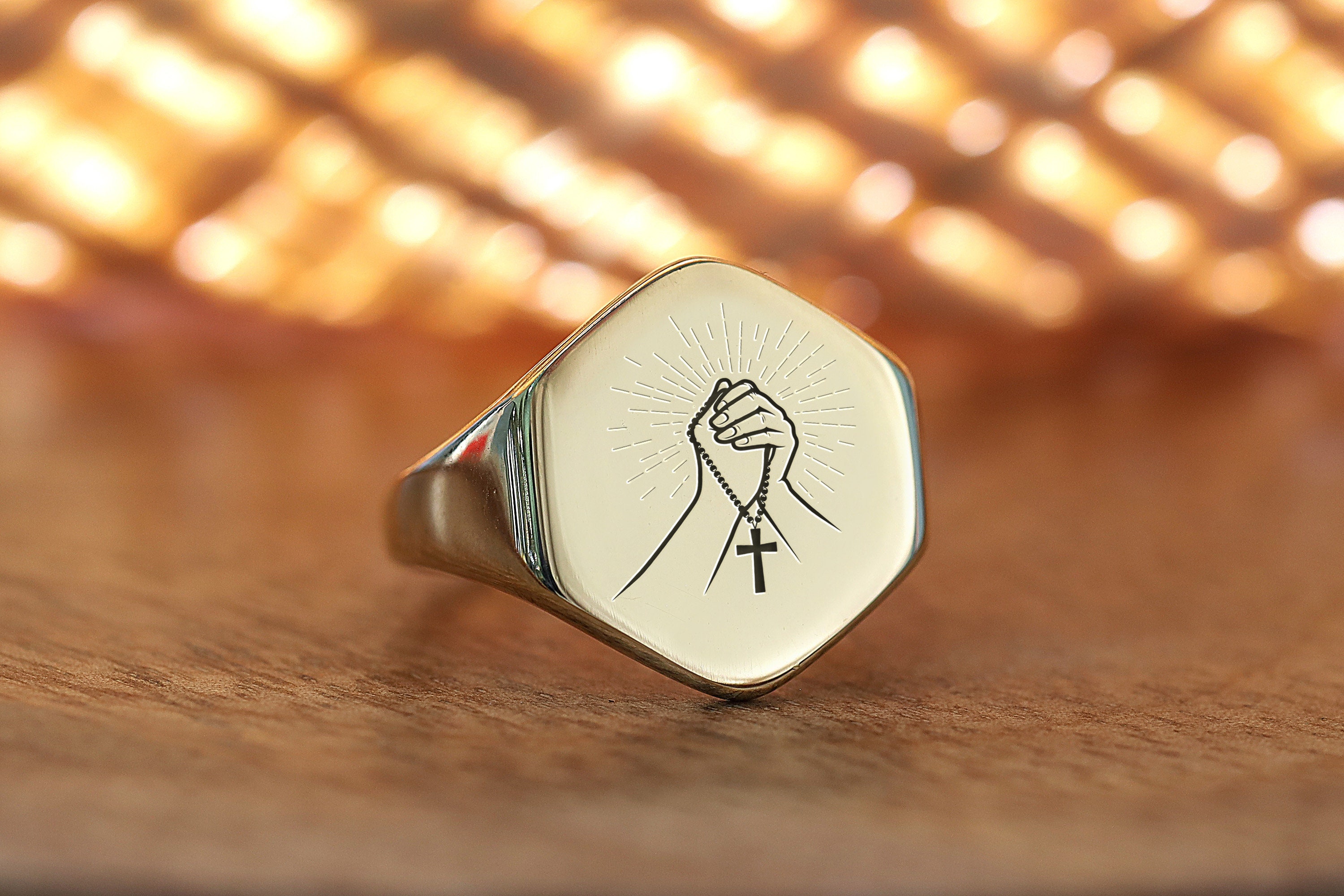 Praying Gold Signet Ring · Engraved Praying Ring · Christian Ring  