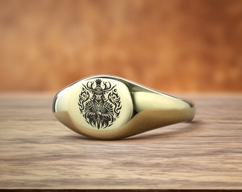 14k Gold Samurai Signet Ring · Engraved Samurai Ring · Custom Samurai Ring · Unisex Ring · Japanese Ring