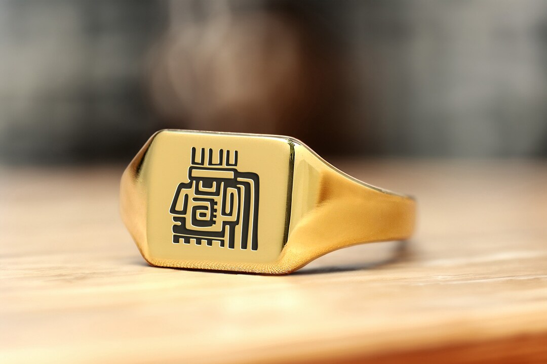 Custom Aztec Symbol Ring · Gold Signet Ring · Square Shaped Ring ...