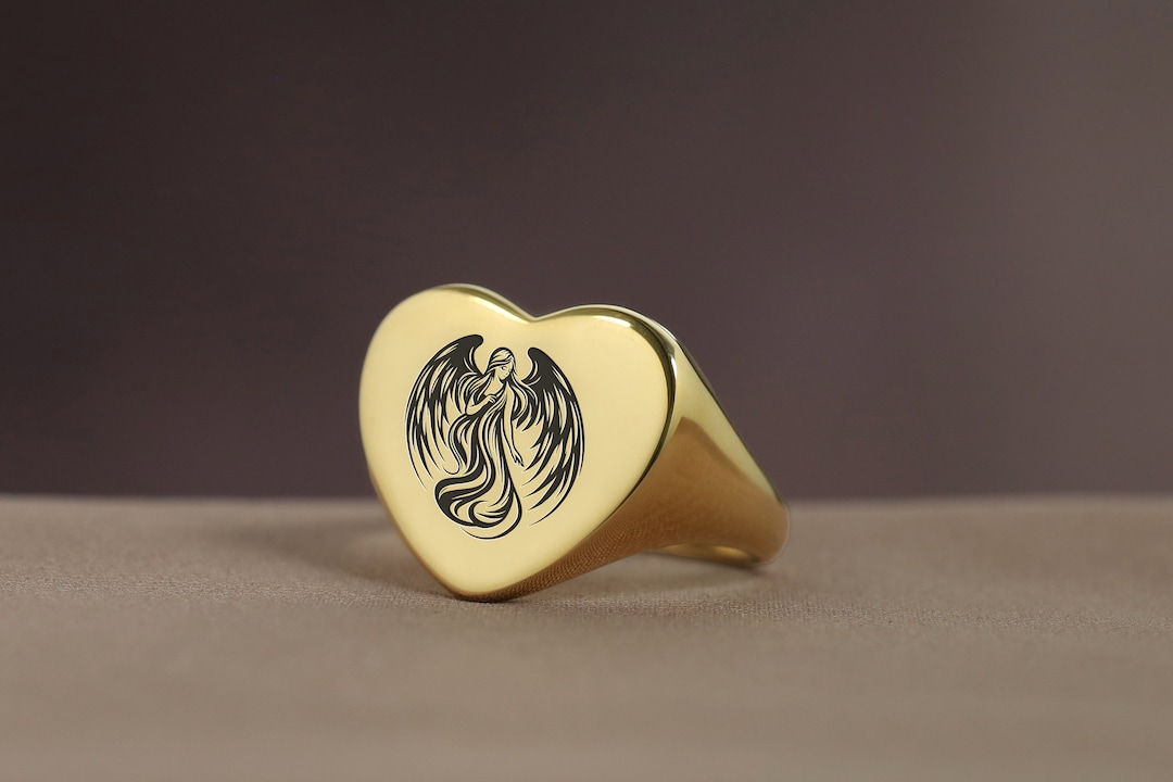 True Angel Rings Angel Gold Signet Ring · Engraved Angel Ring · Heart Shaped Ring ...