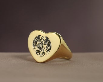 Anillo de sello de oro con ángel · Anillo de ángel grabado · Anillo en forma de corazón · Anillo espiritual de oro