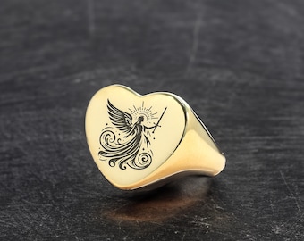14k Gold Angel Signet Ring · Engraved Angel Ring · Custom Angel Ring · Valentine's Day Gift · Spiritual Ring