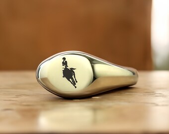 14k gouden zegelring ruitersport · Gegraveerde paardenring · Cadeauring ruiter · Gepersonaliseerde ring · Damesring