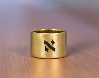 Hebrew Wide Gold Ring · Custom Hebrew Letters Ring · Engraved Biblical Name Ring · Unisex Ring