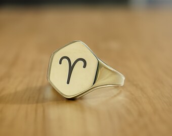 Anillo del signo zodiacal Aries · Anillo personalizado del signo zodiacal · Anillo de Aries de oro de 14k · Anillo con forma hexagonal