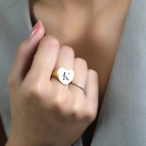 Engraved Custom Signet Ring  · Flowered Letters Personalized Ring · Initial&#39;s Signet Ring · Heart Shaped Ring