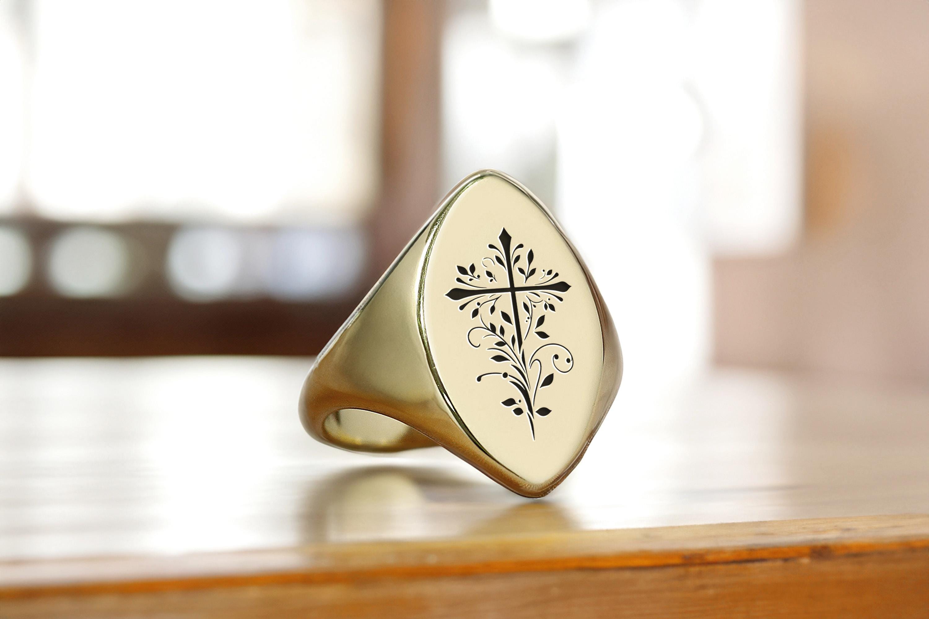 Engraved Christianity Signet Ring · Custom Cross Ring · 14k Gold ...