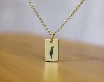 Op de afbeelding: Een goudkleurige ketting met een rechthoekige hanger met een zwart silhouet van een land. De hanger hangt aan een fijne ketting. De ketting wordt getoond op een lichtbruin oppervlak.