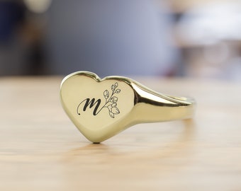 Floral Letter Signet Ring · Engraved Name Ring · Mother's Day Gift · Gift For Mom · Heart Shaped Ring