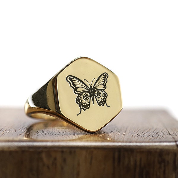 14k Gold Butterfly Signet Ring · Engraved Butterfly Ring · Hexagon Ring · Gift For Her