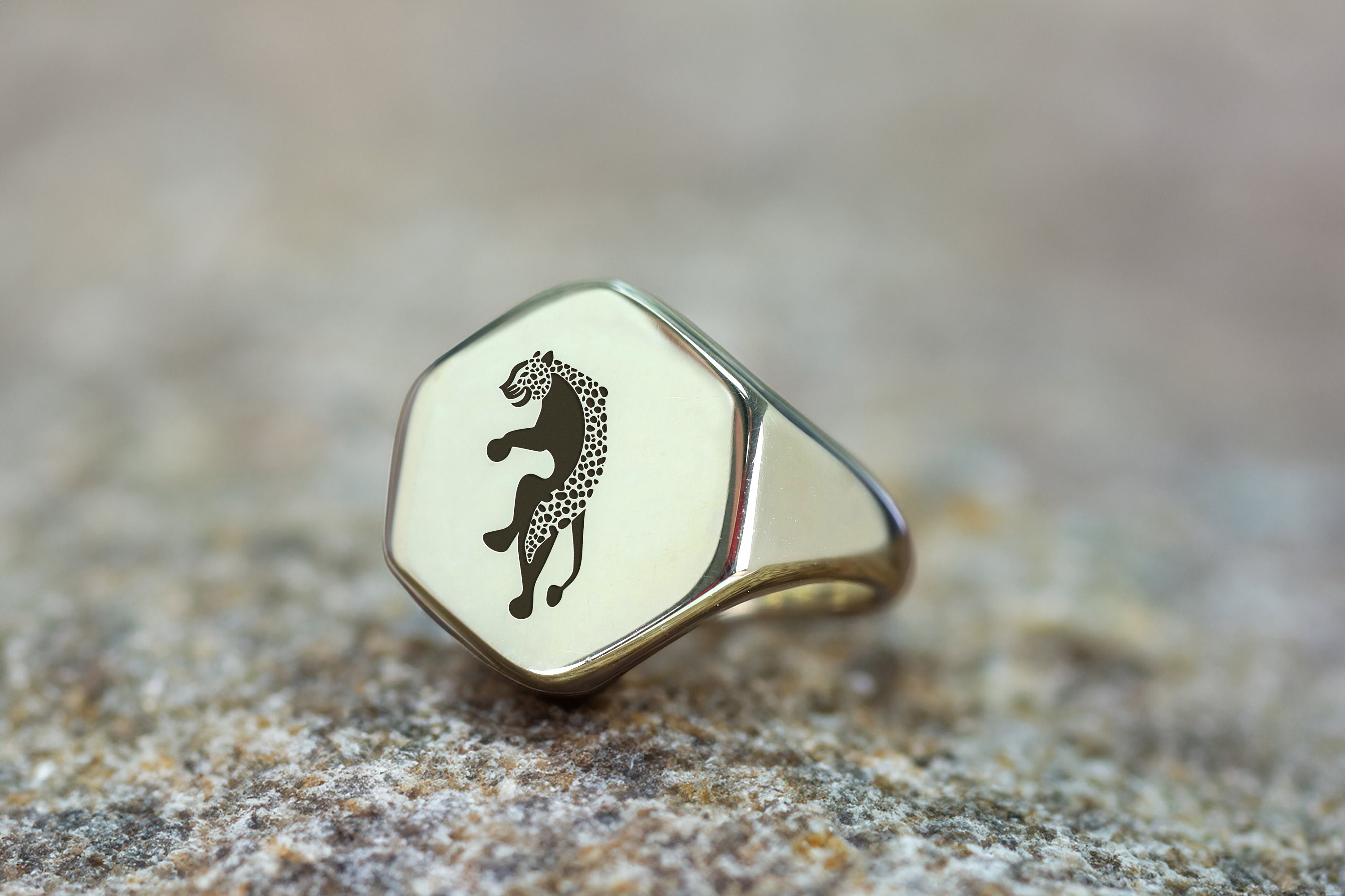 14k Gold Jaguar Signet Ring · Custom Jaguar Ring · Personalized Animal Ring · Hexagon Shaped Ring