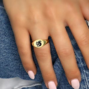 May include: A gold signet ring with an oval-shaped top featuring a black squirrel design.