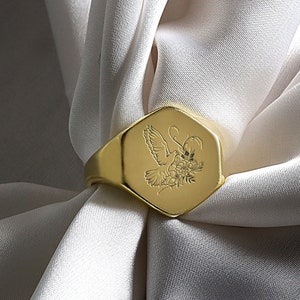 Pigeon Hexagon Ring · Bird Engraved Ring · Pigeon Gold Signet Ring · Symbol Of Peace Ring