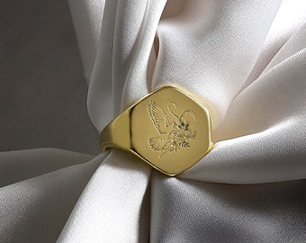 Pigeon Hexagon Ring · Bird Engraved Ring · Pigeon Gold Signet Ring · Symbol Of Peace Ring