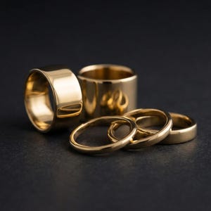 A collection of gold rings is displayed on a dark background.