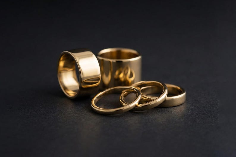 A collection of gold rings is displayed on a dark background.