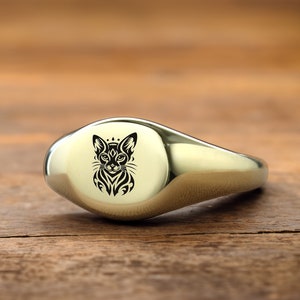 Anillo de sello de gato grabado · Anillo de gato tribal de oro de 14k · Anillo de gato personalizado ·Anillo elegante
