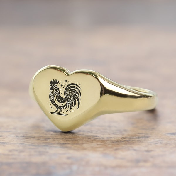 Chicken Engraved Ring  · Personalized Chicken Ring · Rooster Ring · Animal Jewelry ·  Heart Shaped Ring