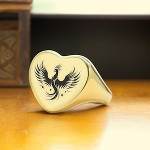 14k Gold Phoenix Signet Ring · Custom Phoenix Ring · Heart Shaped Ring · Gift For Her