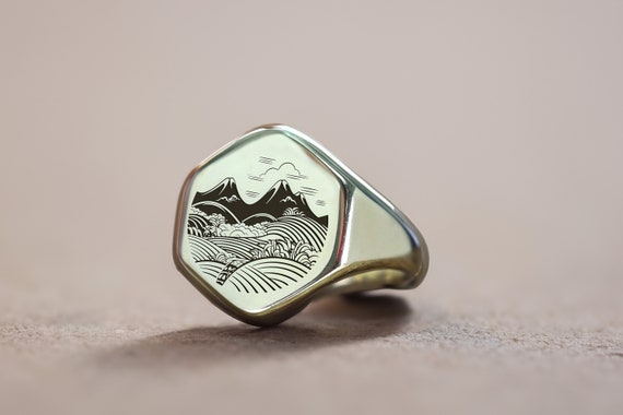 Custom Japanese Landscape Signet Ring · Engraved Japanese Ring