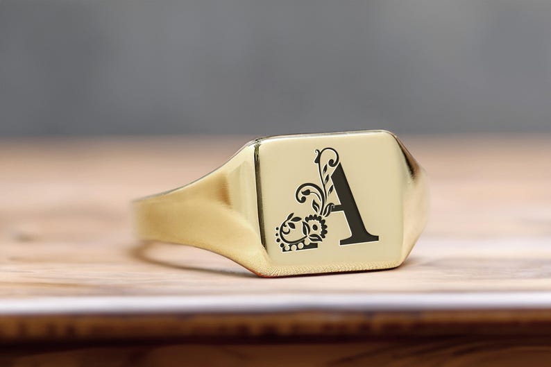 Flowered Letter Signet Ring · 24k Gold Engraved Ring · Customized Ring ...