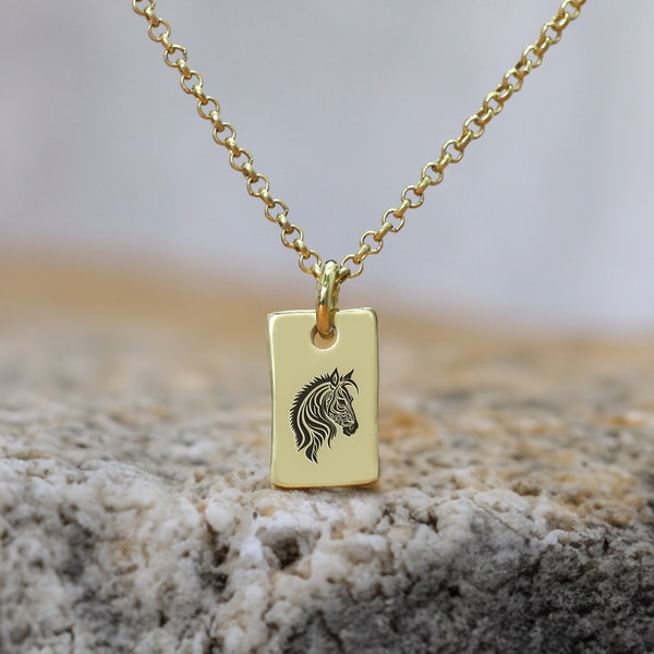 Tribal Horse Engraved Necklace · Custom Horse Necklace · Rectangle Pendant Necklace · Gift For Her