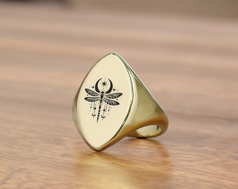 14k Gold Dragonfly Signet Ring · Custom Dragonfly Ring · Animal Ring · Women Ring · Marquise Ring