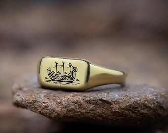 Viking Boat Engraved Ring · 14k Gold Vikings Signet Ring · Custom Boat Ring ·  Unisex Ring