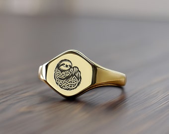Engraved Sloth Signet Ring · Cute Animal Signet Ring · Hexagon Shaped Ring · Animal Jewelry ·  Gift For Her