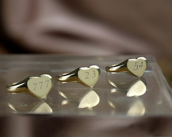 Custom Initial and Lucky Number · Handwritten Ring · Personalized Dainty Gold Ring  · Heart Shaped Ring