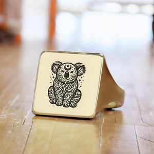 Custom Koala Signet Ring · Engraved Koala Ring · 14k Gold Koala Ring · Square Shaped Ring