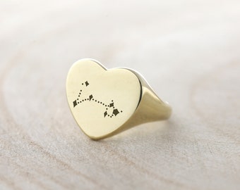 Anillo de oro con sello de mapa estelar · Anillo zodiacal personalizado · Joyería astrológica de estrellas · Anillo zodiacal con forma de corazón