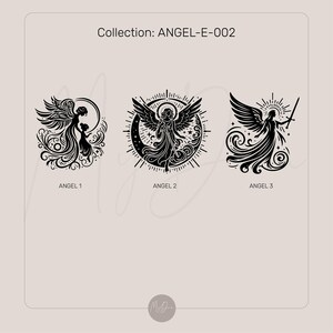 May include: Three black and white illustrations of angels. The first angel is holding a child. The second angel is holding a sword. The third angel is standing with wings spread.