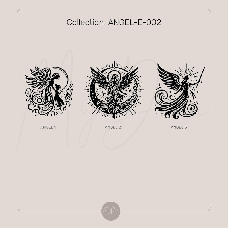 May include: Three black and white illustrations of angels. The first angel is holding a child. The second angel is holding a sword. The third angel is standing with wings spread.
