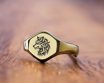 14k Gold Wolf Signet Ring · Engraved Wolf Ring · Hexagon Shaped