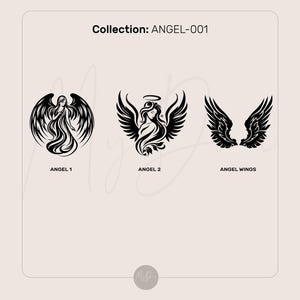 May include: A collection of three black and white angel illustrations. The first image shows an angel with wings and long hair. The second image shows an angel with wings and a halo. The third image shows a pair of angel wings.