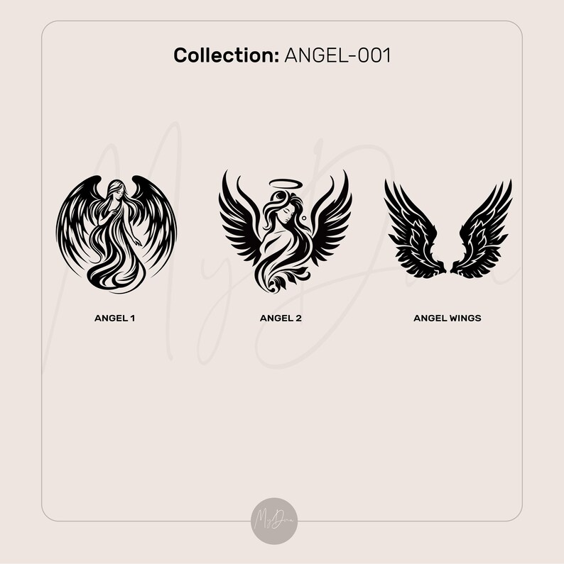 May include: A collection of three black and white angel illustrations. The first image shows an angel with wings and long hair. The second image shows an angel with wings and a halo. The third image shows a pair of angel wings.