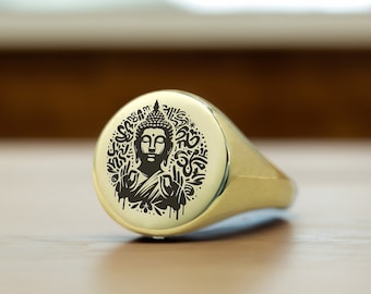 14k Gold Graffiti Buddha Signet Ring · Custom Buddha Ring · Bold Statement Ring · Unisex Ring · Art Ring