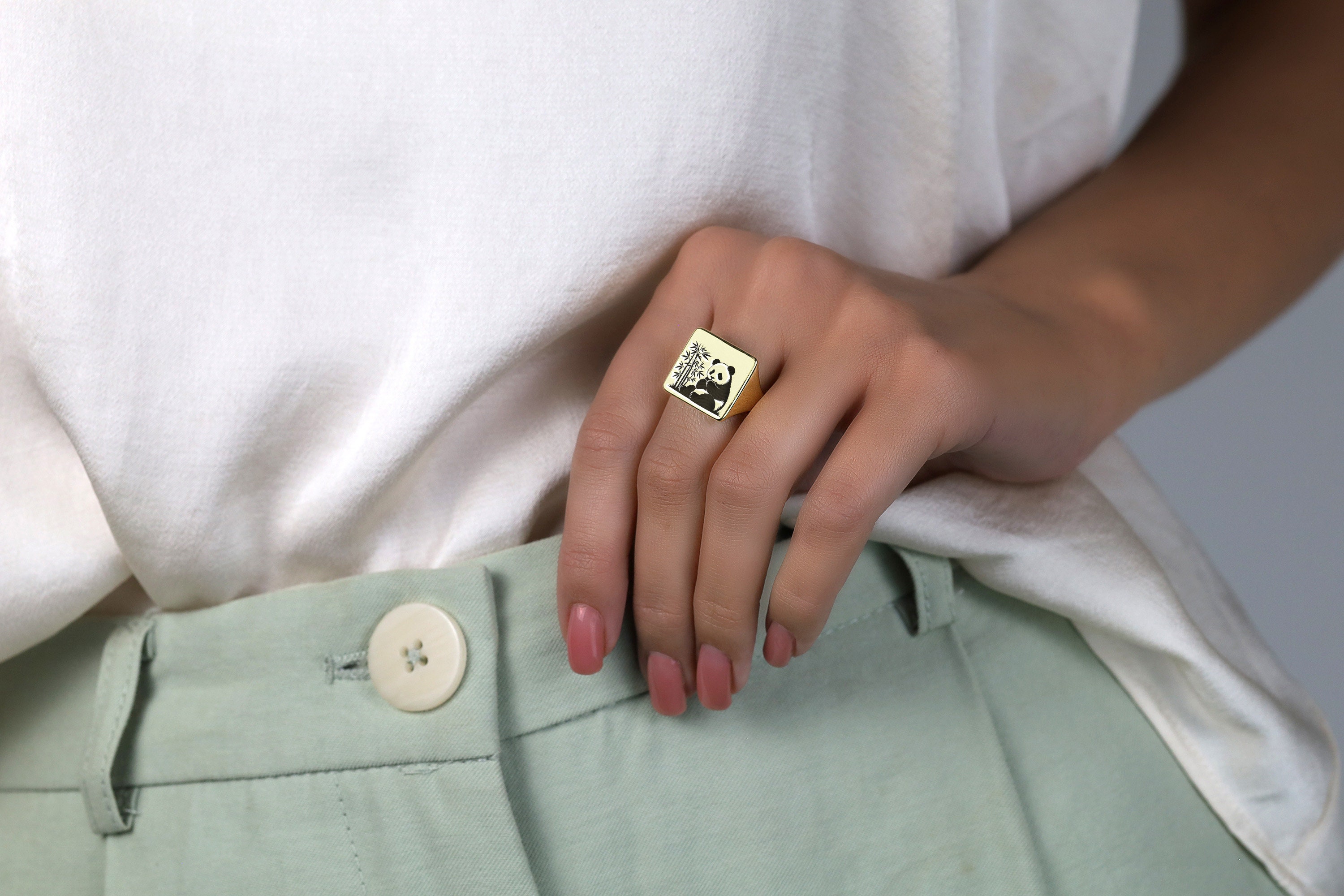 Cute Panda Rings Cute Panda Gold Signet Ring · Custom Panda Ring · Square Shaped Ring ...