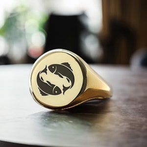 14k Gold Pisces Signet Ring · Customized Zodiac Ring · Birthday Gift Ring · Bold Statement Ring