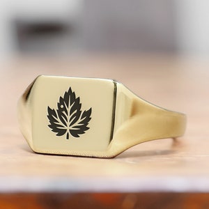 Puede incluir: Un anillo de sello de oro con un diseño de hoja negra en la parte superior.