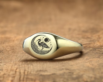 Engraved Heron Signet Ring · Custom Bird Ring · Personalized Ring · Unisex Ring · Animal Signet Ring
