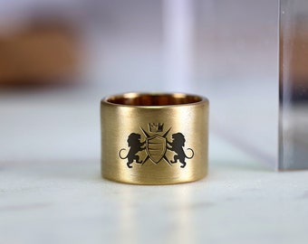 Heraldic Wide Brushed Gold Ring · Custom Heraldic Ring · Royalty Lion Symbol · Statement Unisex Ring